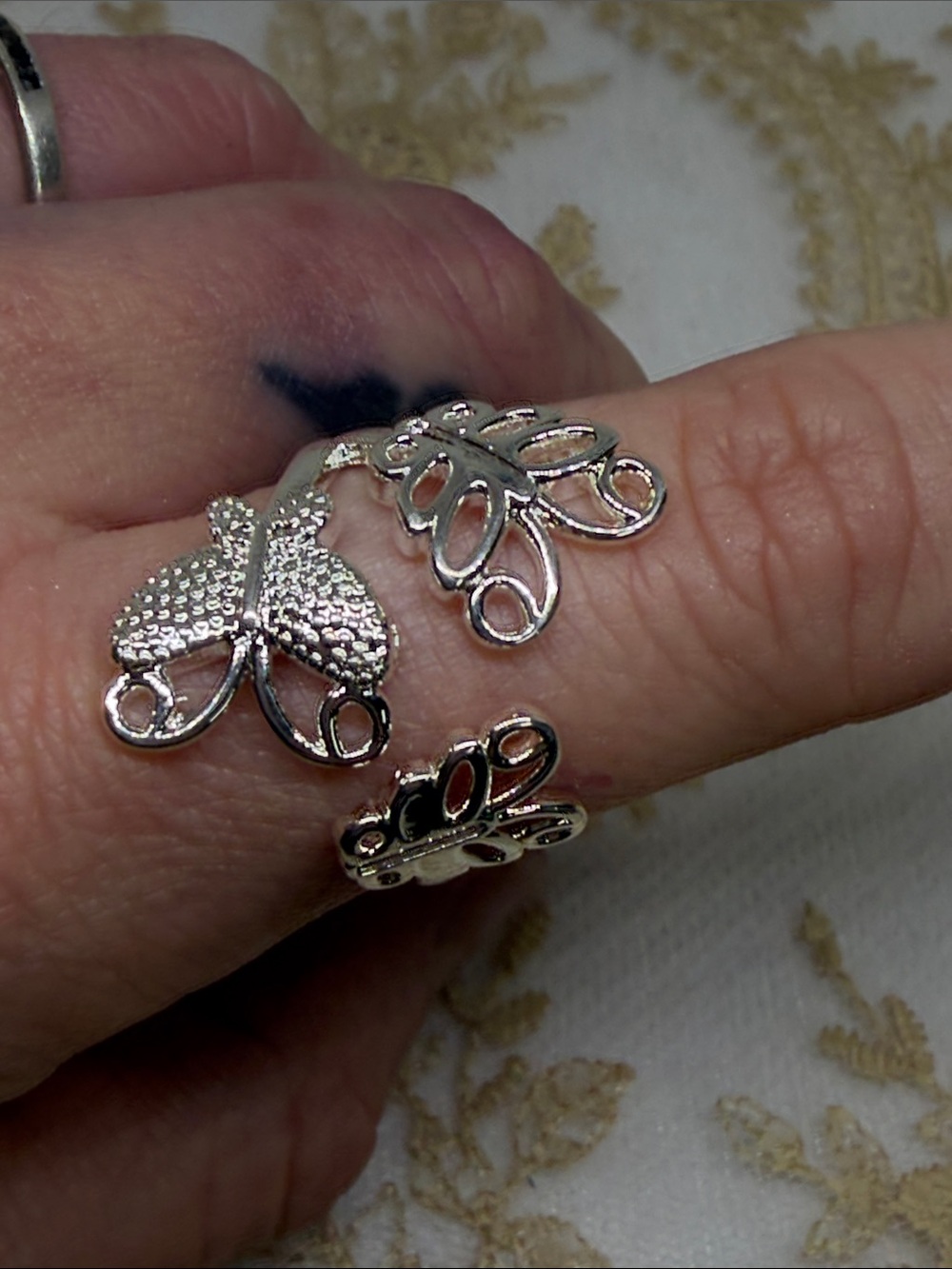 925 Sterling Silver Triple Butterfly Adjustable Filigree Openwork Ring Romantic